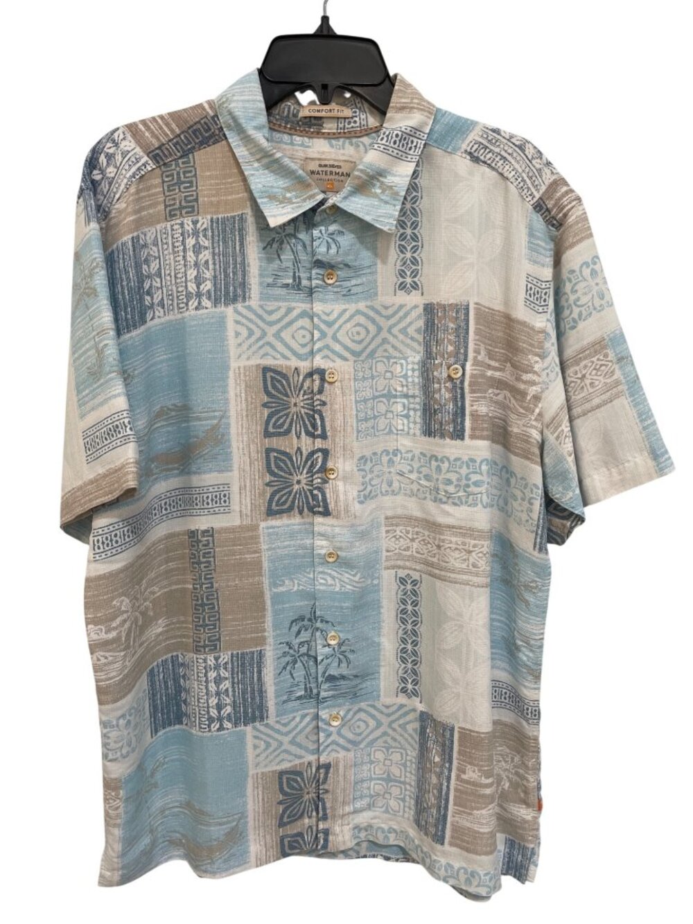 Quiksilver Hawaiian Shirt Large Waterman Collection Button Front Patchwork Retro